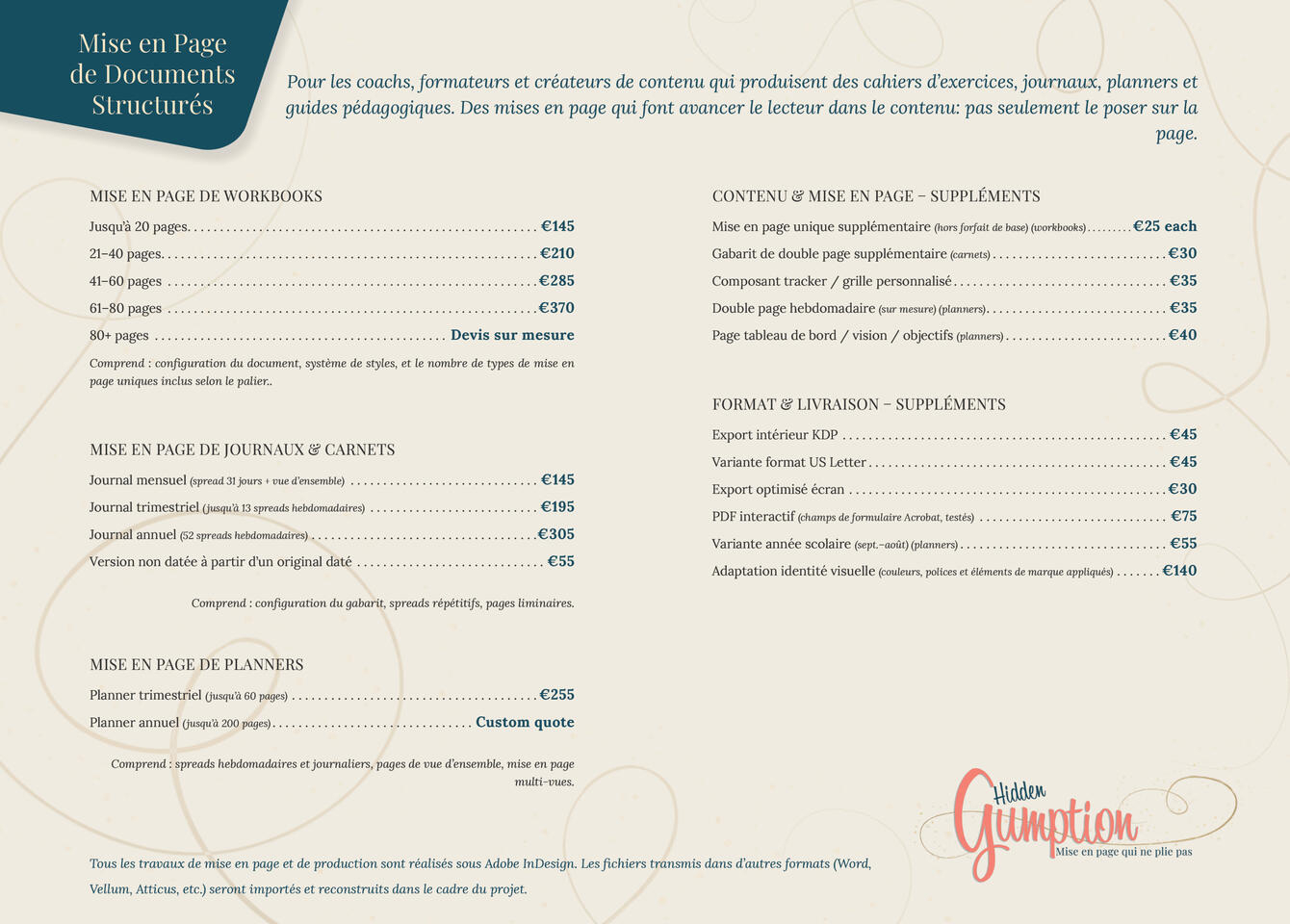 Mise en page de workbooks, journaux et planners pour coachs, formateurs et créateurs de formations. Structures conçues pour l'impression à la demande et le numérique, avec versions PDF remplissables. Réalisé sous InDesign. Mise en page de workbooks, journaux et planners pour coachs, formateurs et créateurs de formations. Structures conçues pour l'impression à la demande et le numérique, avec versions PDF remplissables. Réalisé sous InDesign.