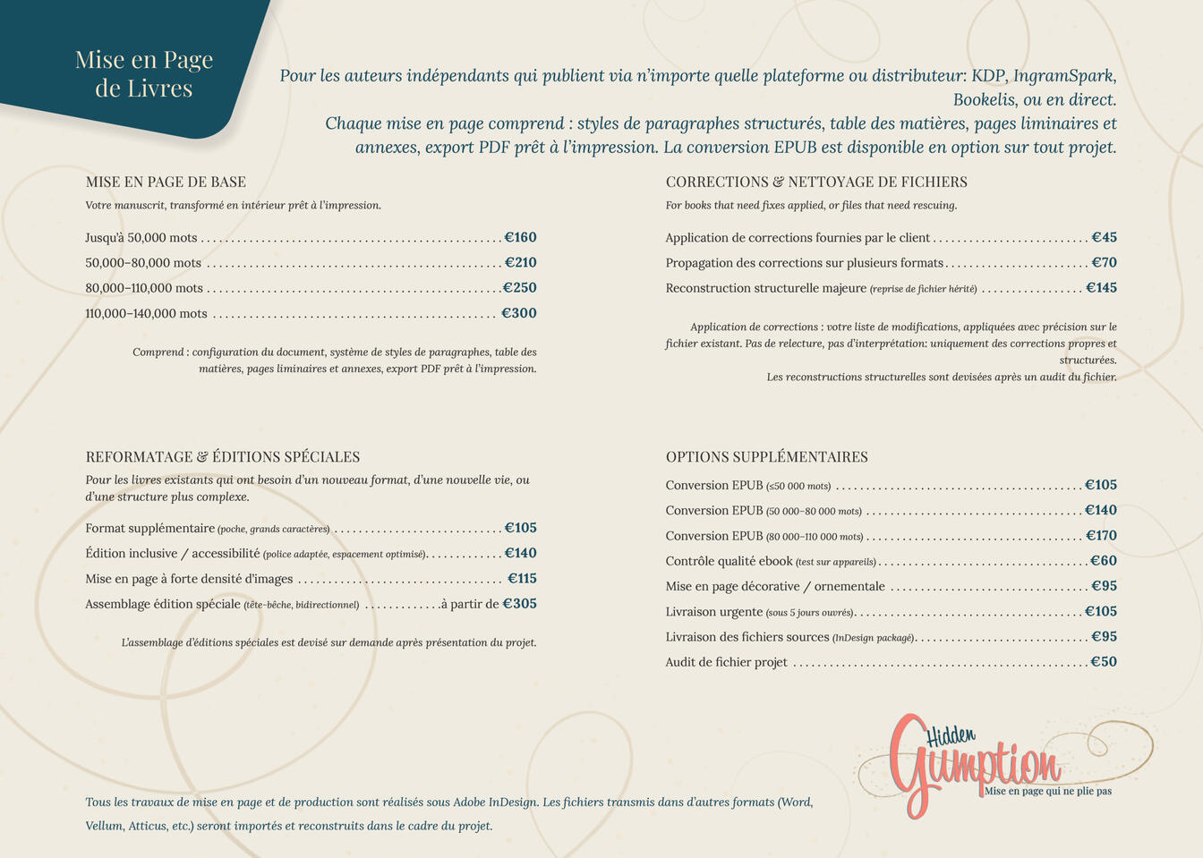 Mise en page intérieure pour auteurs autoédités publiant sur KDP, IngramSpark, BoD ou en direct. Couvre la mise en page de base, les corrections et retouches, le reformatage et les éditions spéciales. Chaque intérieur inclut des styles de paragraphe nommés Mise en page intérieure pour auteurs autoédités publiant sur KDP, IngramSpark, BoD ou en direct. Couvre la mise en page de base, les corrections et retouches, le reformatage et les éditions spéciales. Chaque intérieur inclut des styles de paragraphe nommés